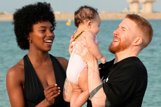 Strictly’s Neil Jones and Love Island’s Chyna Mills dote on baby Havana as they play on the beach